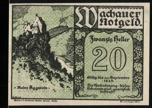 Notgeld Spitz a.d. Donau 1920, 20 Heller, Ruine Aggstein, Gültig bis 30. September 1920