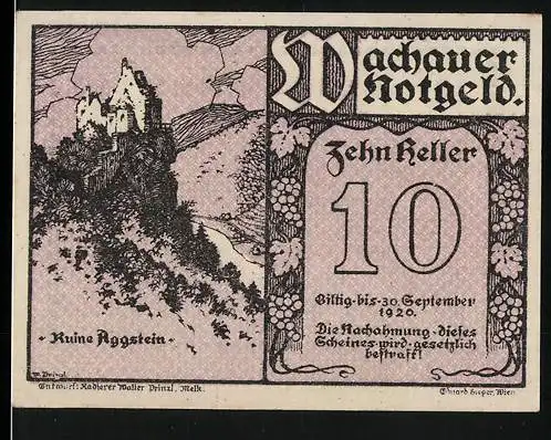 Notgeld Spitz a.d. Donau 1920, 10 Heller, Ruine Aggstein