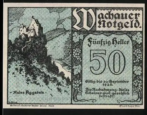 Notgeld Spitz a.d. Donau 1920, 50 Heller, Ruine Aggstein, Text und Unterschriften