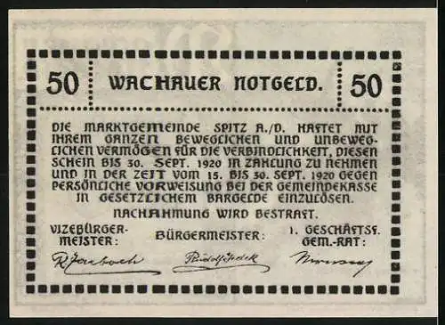 Notgeld Spitz a.d. Donau 1920, 50 Heller, Ruine Aggstein, Text und Unterschriften