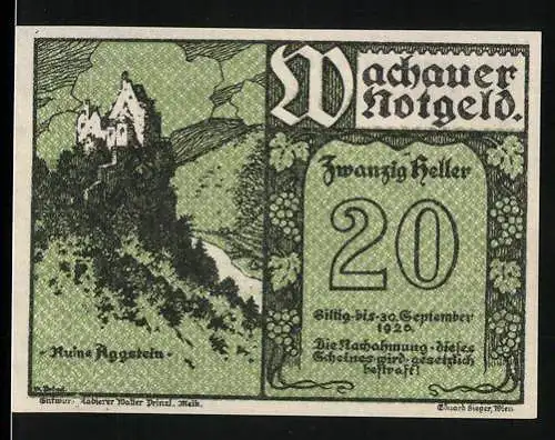 Notgeld Spitz a.d. Donau 1920, 20 Heller, Ruine Aggstein, Schrift und Ornamentik