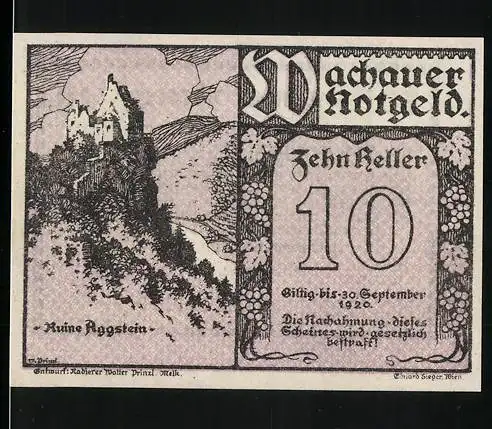 Notgeld Spitz a.d. Donau 1920, 10 Heller, Ruine Aggstein Darstellung