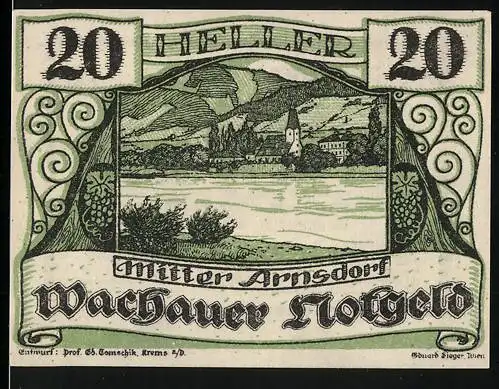 Notgeld Spitz a.d. Donau 1920, 20 Heller, Landschaft mit Kirche und Flussdarstellung Mitter Arnsdorf