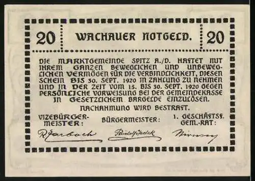 Notgeld Spitz a.d. Donau 1920, 20 Heller, Landschaft mit Kirche und Flussdarstellung Mitter Arnsdorf