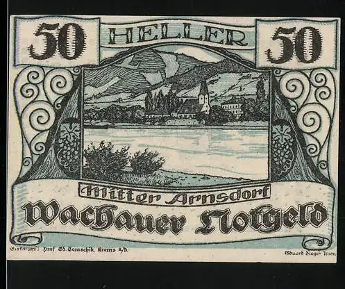 Notgeld Spitz a.d. Donau 1920, 50 Heller, Landschaftsansicht mit Kirche und Fluss