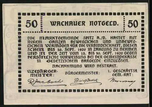 Notgeld Spitz a.d. Donau 1920, 50 Heller, Landschaftsansicht mit Kirche und Fluss