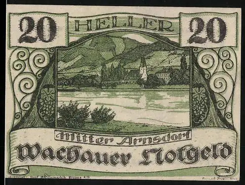 Notgeld Spitz a.d. Donau 1920, 20 Heller, Landschaft mit Kirche und Flussufer