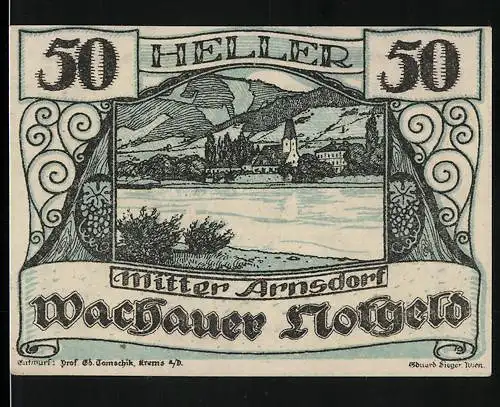 Notgeld Spitz a.d. Donau 1920, 50 Heller, Landschaftsansicht mit Kirche und Fluss