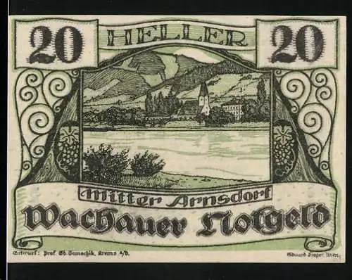 Notgeld Spitz a.d. Donau 1920, 20 Heller, Landschaft mit Kirche und Häusern, Wachauer Notgeld