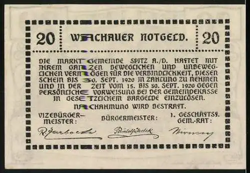 Notgeld Spitz a.d. Donau 1920, 20 Heller, Landschaft mit Kirche und Häusern, Wachauer Notgeld