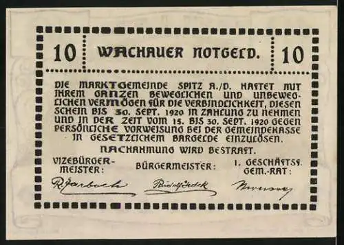 Notgeld Spitz a.d. Donau 1920, 10 Heller, Landschaftsansicht der Wachau und Text zur Einlösung