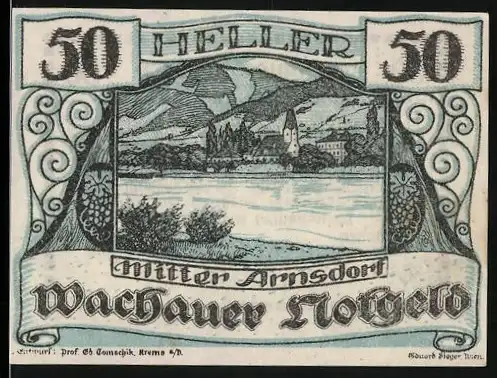 Notgeld Spitz 1920, 50 Heller, Landschaft mit Kirche und Fluss, Wachauer Notgeld