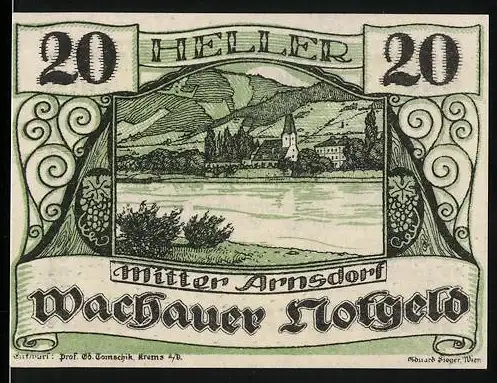 Notgeld Spitz a.d. Donau 1920, 20 Heller, Flusslandschaft mit Kirche und Dorfansicht