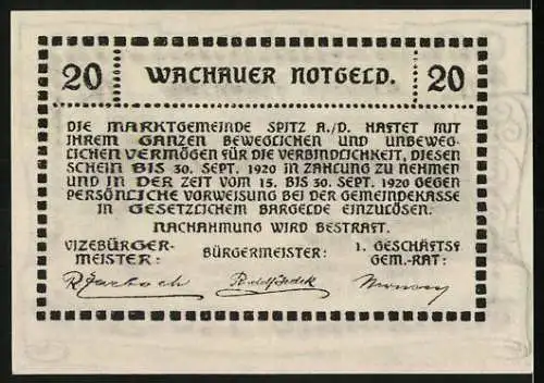 Notgeld Spitz a.d. Donau 1920, 20 Heller, Flusslandschaft mit Kirche und Dorfansicht