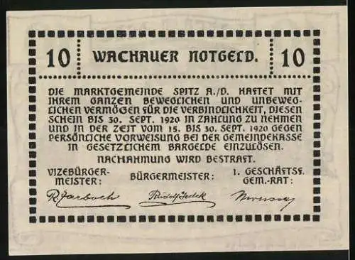 Notgeld Spitz a.d. Donau 1920, 10 Heller, Landschaft mit Kirche und Fluss