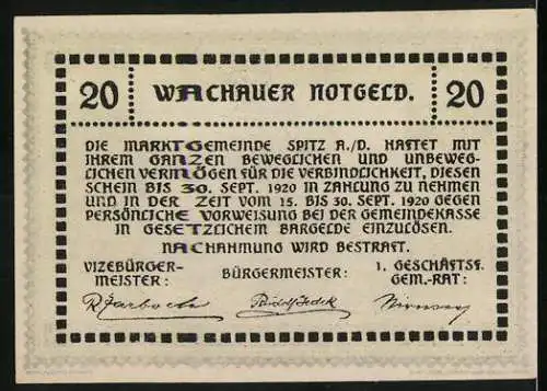 Notgeld Spitz a.d. Donau 1920, 20 Heller, Ortsansicht mit Kirche, gültig bis 30. Sept. 1920, Wachauer Notgeld