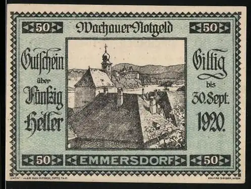 Notgeld Spitz a.d. Donau 1920, 50 Heller, Dorfansicht mit Kirche und Gebäuden