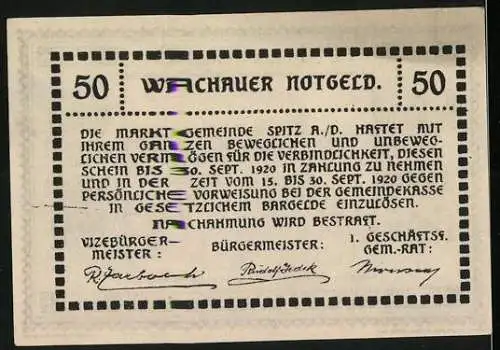 Notgeld Spitz a.d. Donau 1920, 50 Heller, Dorfansicht mit Kirche und Gebäuden