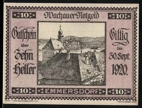 Notgeld Spitz a.d. Donau 1920, 10 Heller, Dorfansicht mit Kirche, gültig bis 30. Sept. 1920