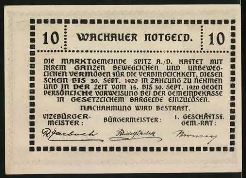 Notgeld Spitz a.d. Donau 1920, 10 Heller, Dorfansicht mit Kirche, gültig bis 30. Sept. 1920