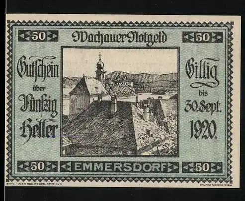 Notgeld Spitz a.d. Donau 1920, 50 Heller, Dachlandschaft mit Kirche und Bergen im Hintergrund