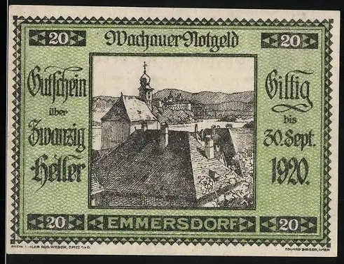 Notgeld Spitz a.d. Donau 1920, 20 Heller, Landschaftsansicht mit Kirche, gültig bis 30. Sept. 1920