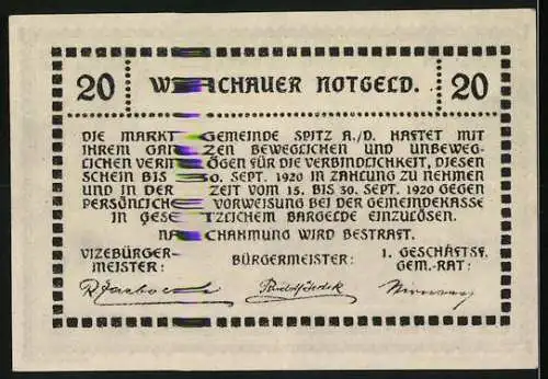 Notgeld Spitz a.d. Donau 1920, 20 Heller, Landschaftsansicht mit Kirche, gültig bis 30. Sept. 1920