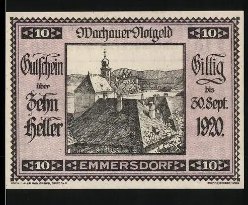 Notgeld Spitz a.d. Donau 1920, 10 Heller, Dorfansicht mit Kirche