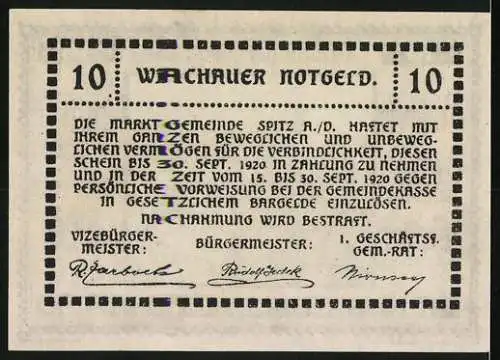 Notgeld Spitz a.d. Donau 1920, 10 Heller, Dorfansicht mit Kirche