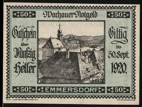 Notgeld Spitz a.d. Donau 1920, 50 Heller, Kirchendachlandschaftsmotiv