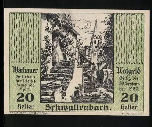 Notgeld Spitz 1920, 20 Heller, Dorfansicht mit Kirche in Schwallenbach