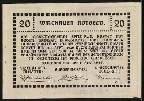 Notgeld Spitz 1920, 20 Heller, Dorfansicht mit Kirche in Schwallenbach