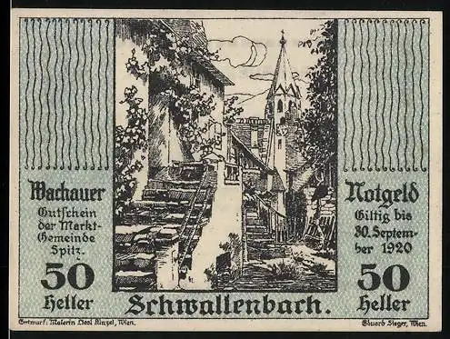 Notgeld Spitz a.d. Donau 1920, 50 Heller, Stadtansicht mit Kirchturm, gültig bis 30. September 1920