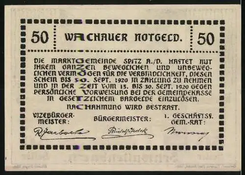 Notgeld Spitz a.d. Donau 1920, 50 Heller, Stadtansicht mit Kirchturm, gültig bis 30. September 1920