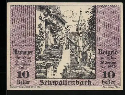 Notgeld Spitz a.d. Donau 1920, 10 Heller, malerische Dorfansicht mit Kirchturm, Wachauer Notgeld