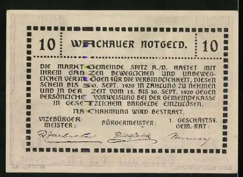 Notgeld Spitz a.d. Donau 1920, 10 Heller, malerische Dorfansicht mit Kirchturm, Wachauer Notgeld