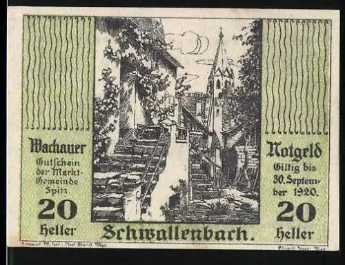 Notgeld Spitz a.d. Donau 1920, 20 Heller, malerische Dorfansicht mit Kirchturm, Spitz an der Donau