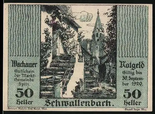 Notgeld Spitz 1920, 50 Heller, Motiv: Schwallenbach mit Kirchturm und Häusern