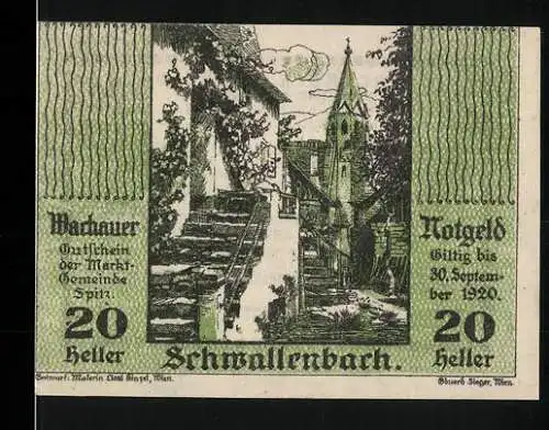 Notgeld Schwallenbach 1920, 20 Heller, Dorfszene mit Kirchturm und Treppe