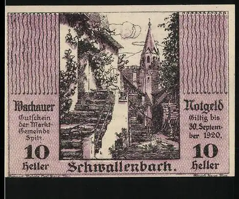 Notgeld Spitz 1920, 10 Heller, Schwallenbach, Kirche und Treppe