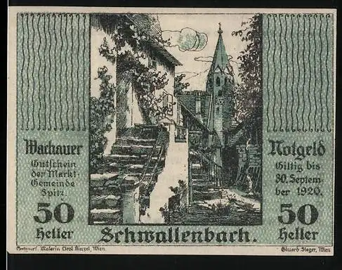 Notgeld Spitz a.d. Donau 1920, 50 Heller, Dorfansicht mit Kirchturm und Treppe, gültig bis 30. September 1920