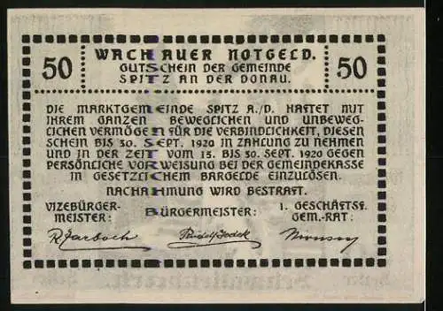 Notgeld Spitz a.d. Donau 1920, 50 Heller, Dorfansicht mit Kirchturm und Treppe, gültig bis 30. September 1920