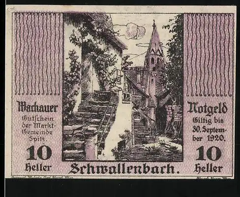 Notgeld Spitz 1920, 10 Heller, Darstellung von Schwallenbach mit Kirchturm und Treppen