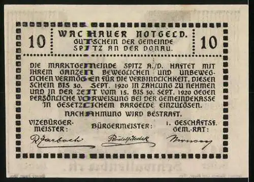 Notgeld Spitz 1920, 10 Heller, Darstellung von Schwallenbach mit Kirchturm und Treppen