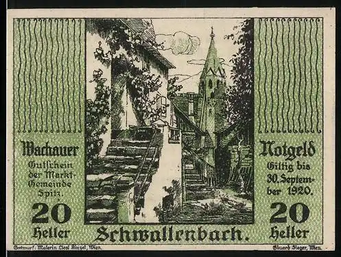 Notgeld Spitz a.d. Donau 1920, 20 Heller, Stadtansicht mit Kirchturm und Treppen, gültig bis 30. September 1920