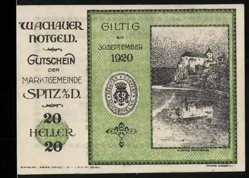 Notgeld Spitz a. d. Donau 1920, 20 Heller, Schloss und Flusslandschaft, gültig bis 30. September 1920