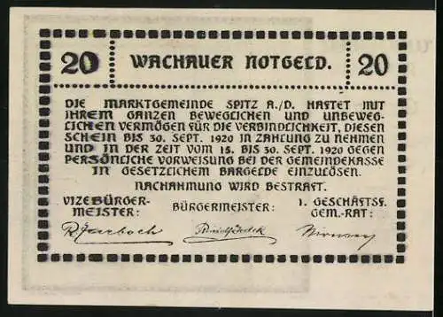 Notgeld Spitz a. d. Donau 1920, 20 Heller, Schloss und Flusslandschaft, gültig bis 30. September 1920