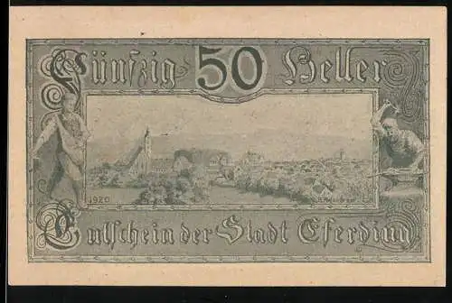 Notgeld Eferding 1920, 50 Heller, Stadtansicht mit Figuren und Text zur Einlösung während des Bauernkrieges