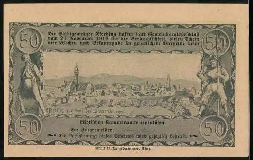 Notgeld Eferding 1920, 50 Heller, Stadtansicht mit Figuren und Text zur Einlösung während des Bauernkrieges