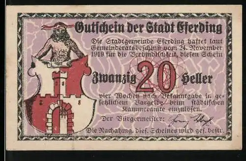 Notgeld Eferding 1919, 20 Heller, mit Stadtwappen und Landschaftsansicht von Erding